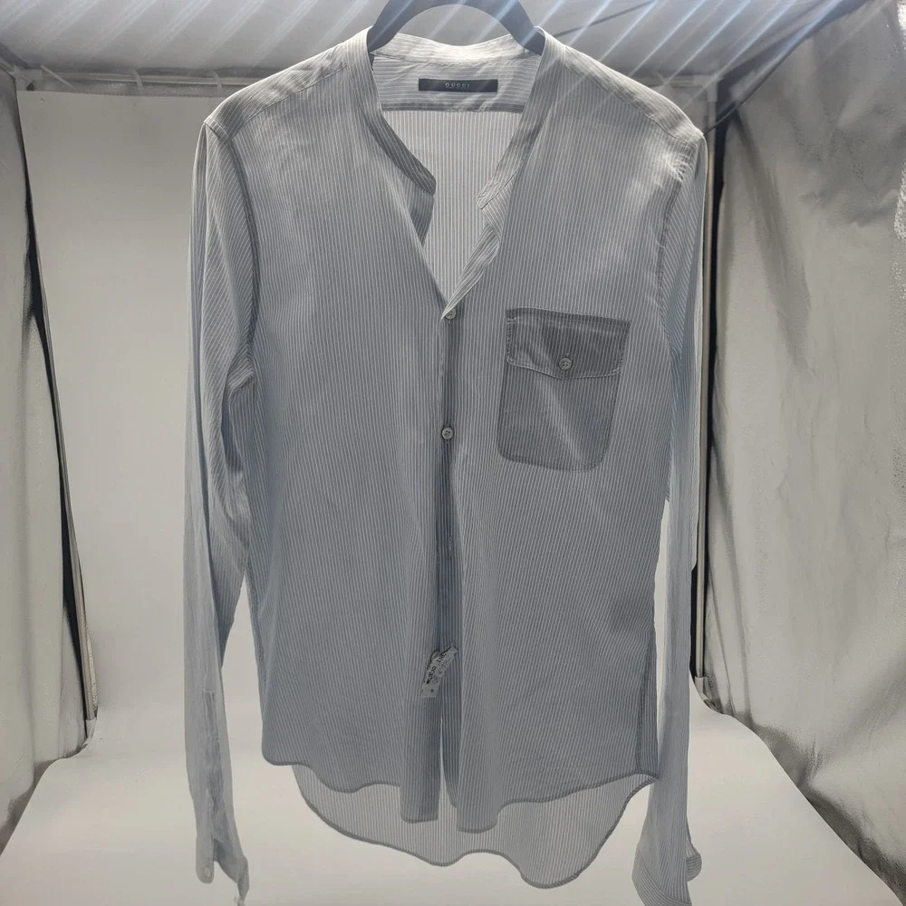 Gucci Mens Blue Striped Silk & Cotton Band Collar Dress Shirt Size 41 / 16 NICE!